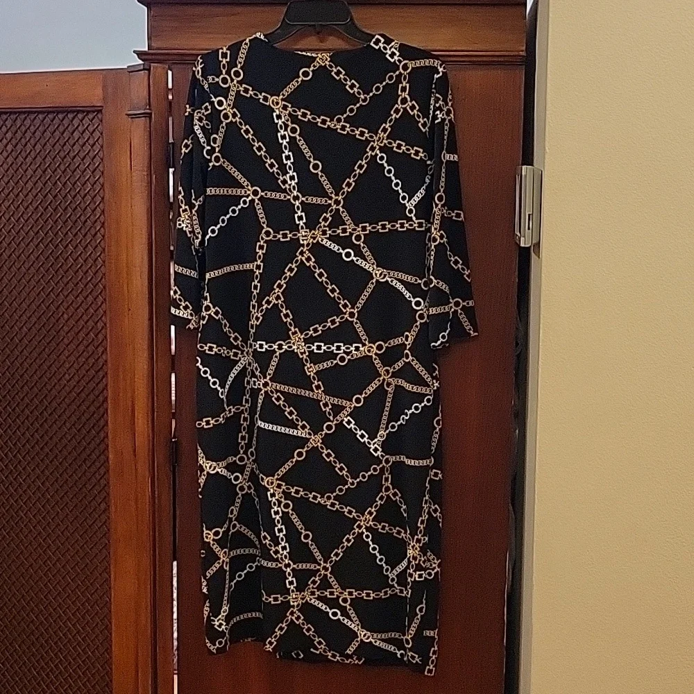 Chico’s | Black Faux Wrap Chain Print Midi Dress - US Size 8/10 - Picture 4 of 9